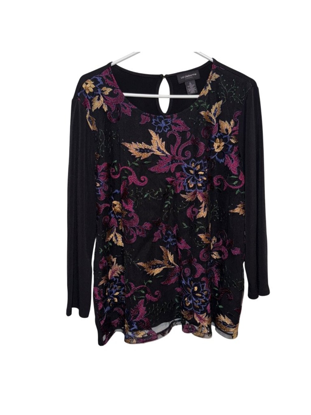 Liz Claiborne Career Floral Embroidered Black Blouse 3/4 Sleeves Womens XL